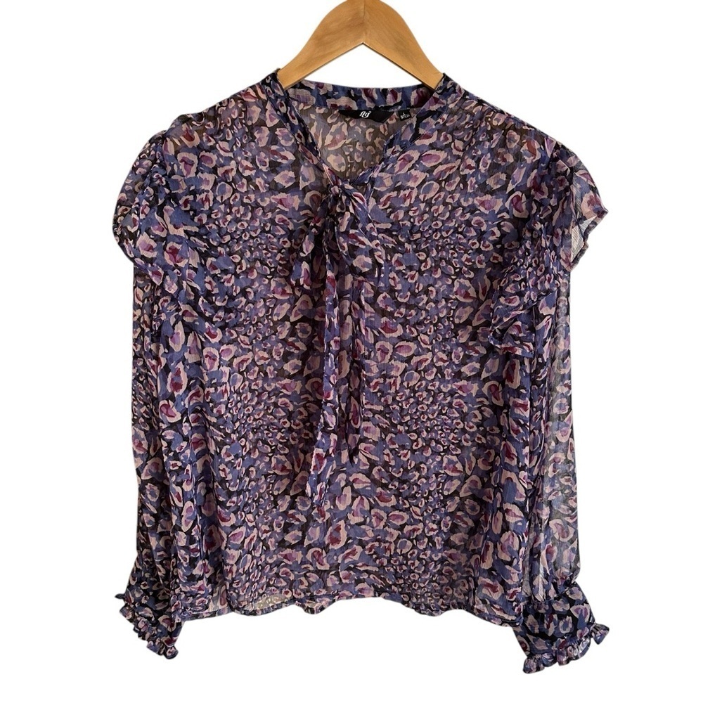 Fig Womens size 8 Purple High Neck Printed Blouse Long Sleeve Sheer Top